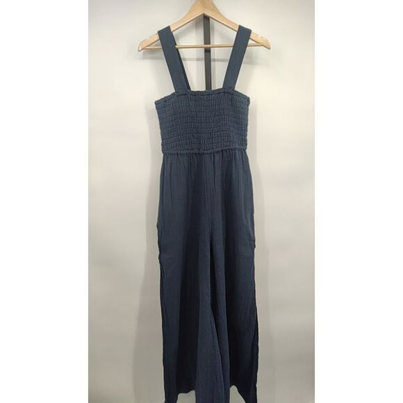 Quince Womens 100% Organic Cotton Gauze Smocked Wide Leg Jumpsuit Indigo Blue  S - Picture 2 of 2